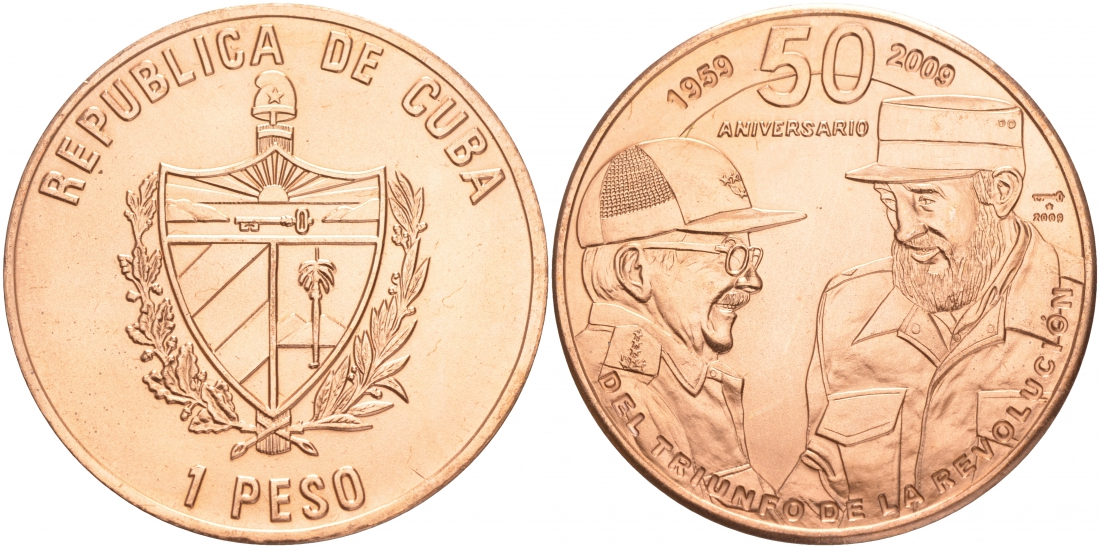 Куба 1 песо 2009 50 лет победы Революции, Фидель и Рауль Кастро KM 908a медь UNC M27-8