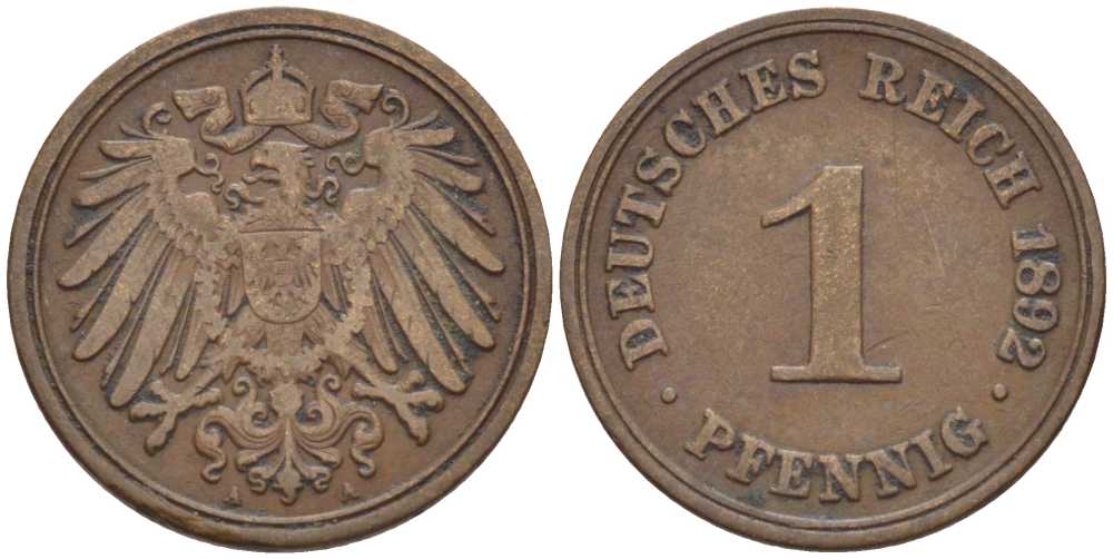 ГЕРМАНИЯ 1 ПФЕННИГ 1892 A KM 10, J. 10, Weege 2 медь 211-145