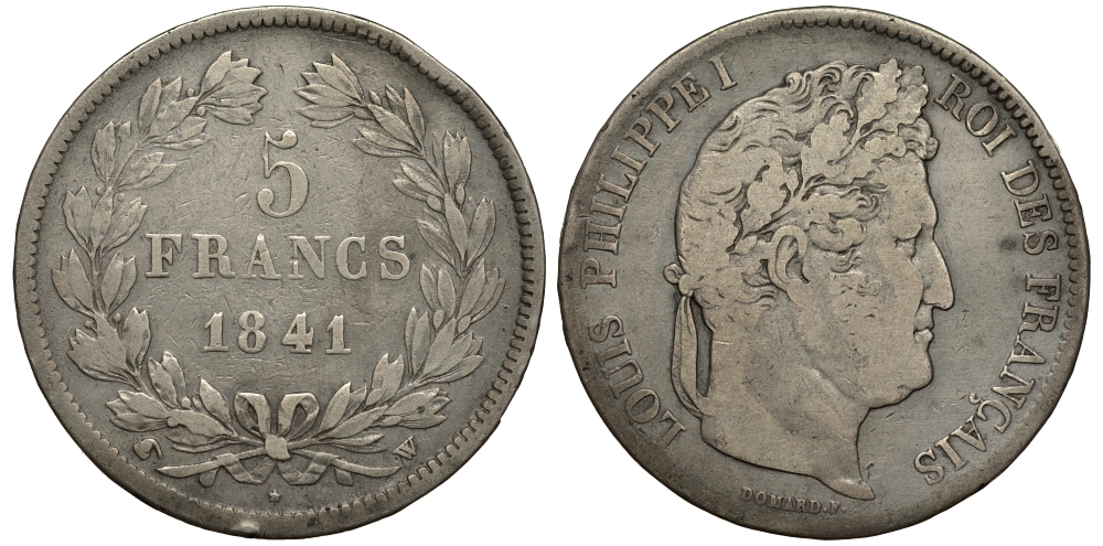 Франция 5 франков 1841 W, Луи Филипп I (1830-1848) KM 749.13 серебро 1517-1522