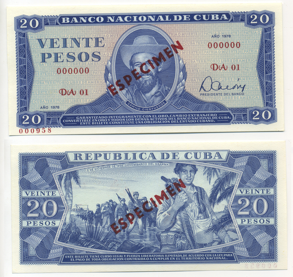Куба 20 песо 1978 ESPECIMEN, диагональная красная надпечатка, серия DА01, номер 000000 Pick 105s бумага UNC (пресс) 448-8-3