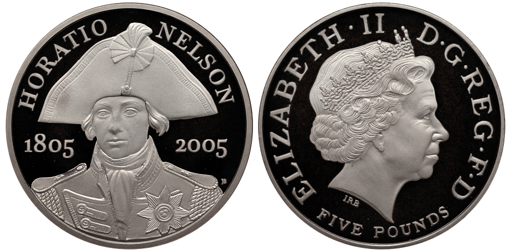 Великобритания 5 фунтов 2005 Елизавета II (1952-2022), 200 лет со дня смерти Горацио Нельсона, тираж 30000 экземпляров, в оригинальной коробке, с сертификатом KM 1054a, Spink L15 серебро  PROOF  4-2-23