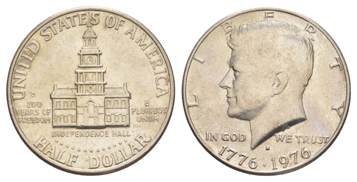 США 1/2 доллара (50 центов) 1976 D, 200 лет независимости, Джон Кеннеди KM 205 медь плакированная медно-никелем aUNC 4565-235