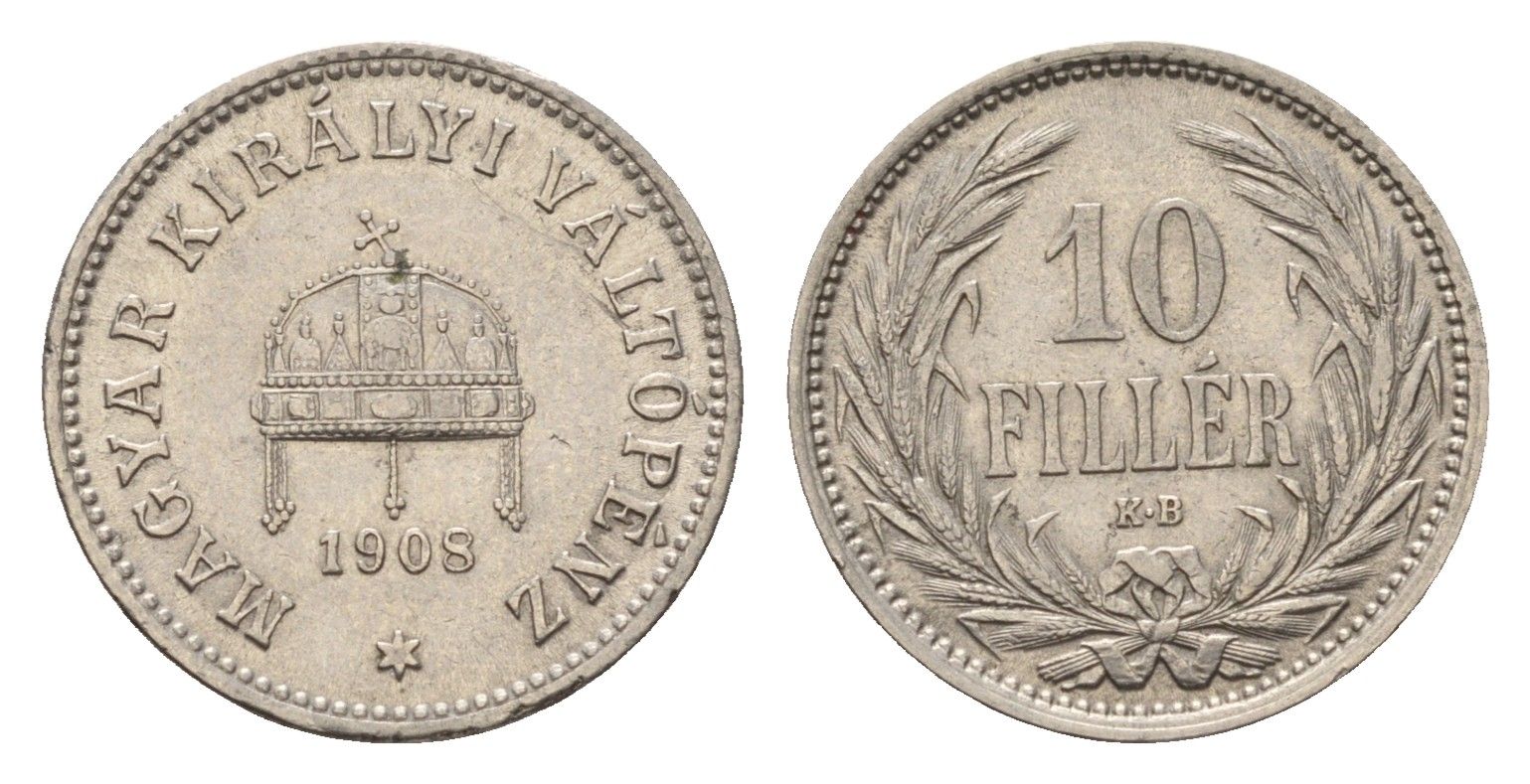 Венгрия 10 филлеров 1908 KB, Франц Иосиф I (1848-1916) KM 482 никель 181-1141
