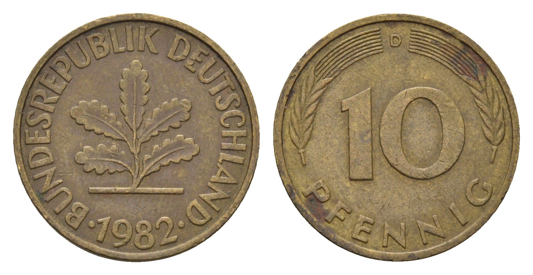 ФРГ 10 пфеннигов 1982 D KM 108, J. 383 сталь плакированная латунью 4684-1214