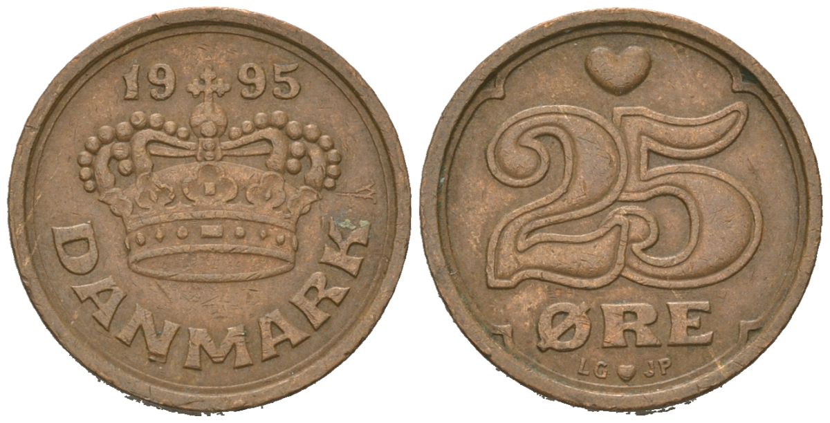 Дания 25 эре 1995 Маргрете II (1972-2024) KM 868 бронза 4618-365