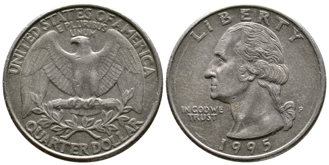 США 25 центов (квотер) 1995 Р, Вашингтон КМ А164а медь плакированная медно-никелем 56-1227
