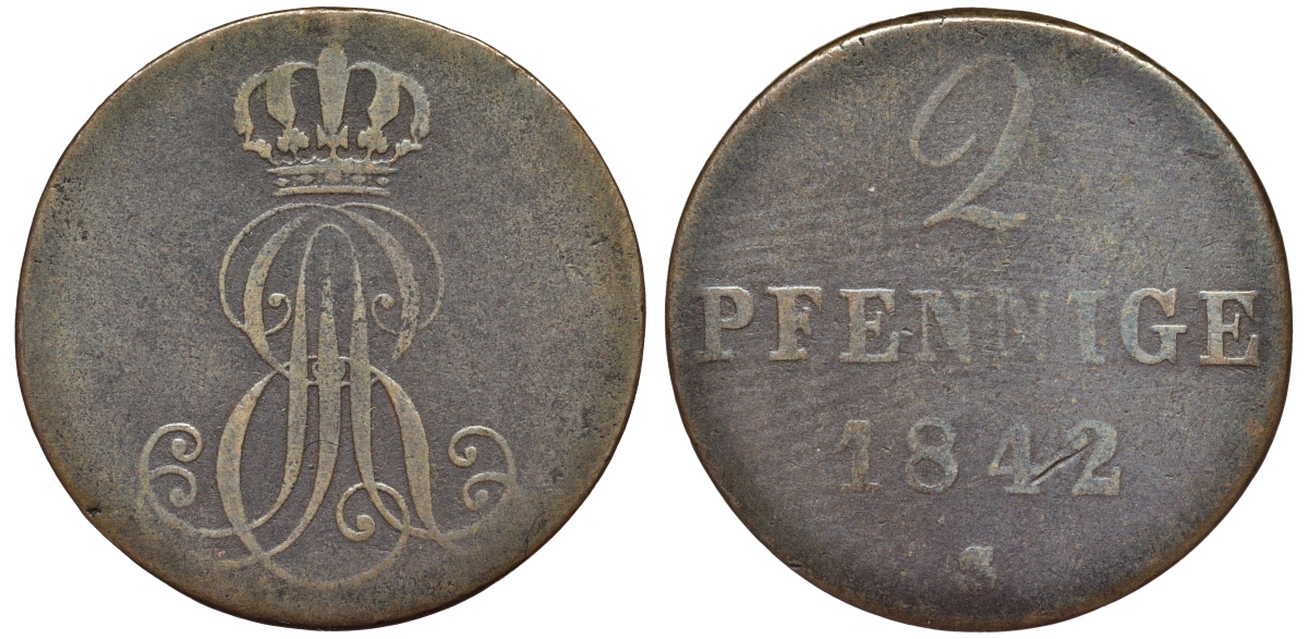 Ганновер 2 пфеннига 1842 S, Эрнст Август (1837-1851) KM 174.2, AKS 123, J. 55 медь 75-1727