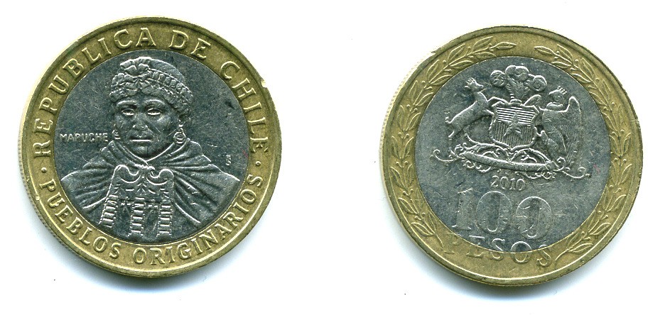 Чили 100 песо 2010 индейцы Мапуче KM 236 биметалл 41-341