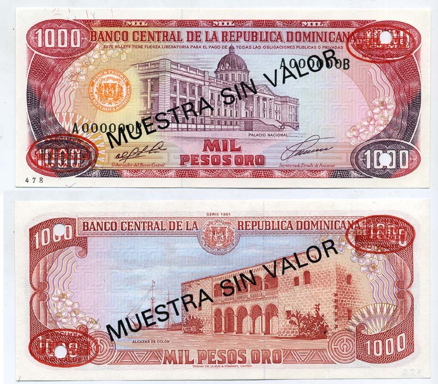 Доминиканская Республика 1000 песо 1991 образец, SPECIMEN Pick 138s бумага UNC (пресс) 451-231-3