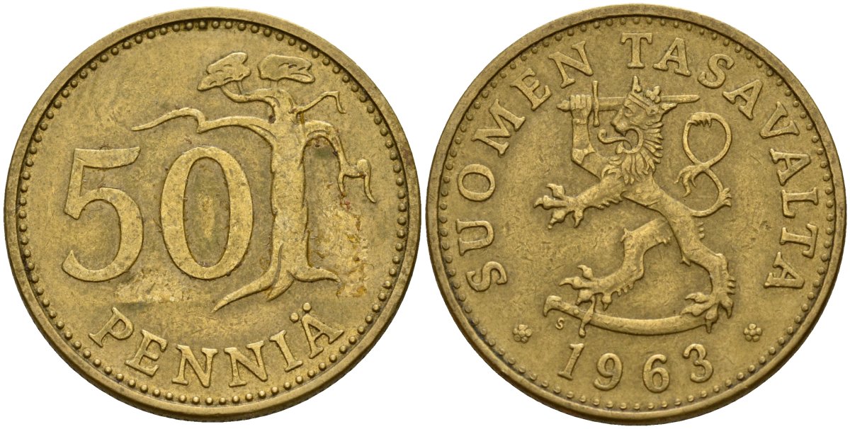 Финляндия 50 пенни 1963 S, первый год KM 48 алюминиевая бронза 4177-547