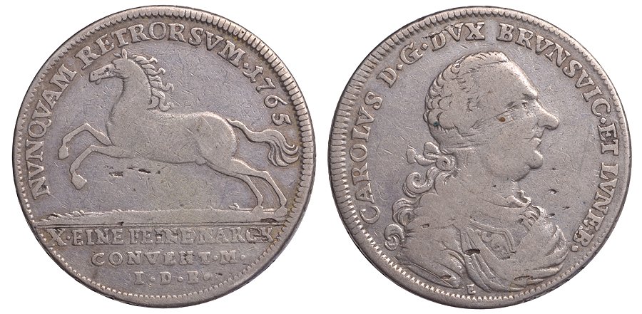 Брауншвейг-Вольфенбюттель 1 талер 1765 E-IDB, Карл I (1735-1780) KM 966.1 , Welter 2716, Fiala 2142, Dav.2151 серебро 00-000-00