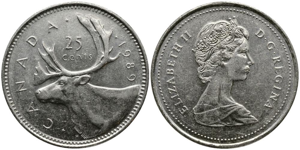 КАНАДА 25 ЦЕНТОВ 1989 ОЛЕНЬ, ЕЛИЗАВЕТА II (1952-) KM 74 никель 3336-243