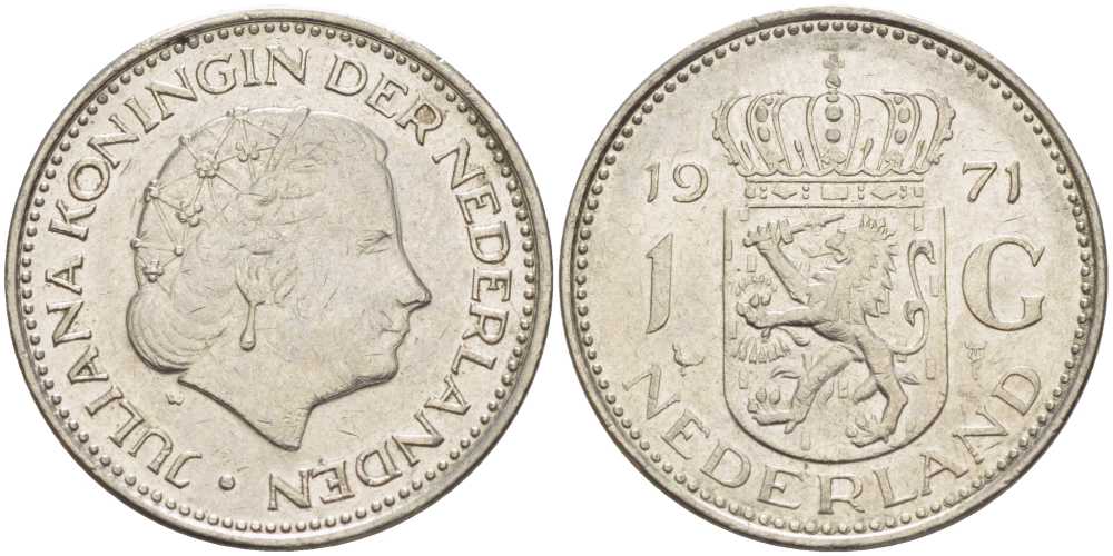 Нидерланды 1 гульден 1971 Юлиана (1948-1980) KM 184a никель 213-957