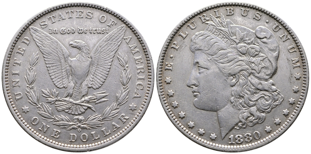 США 1 доллар 1880 O, Морган доллар, монетный двор Орлеан KM 110 серебро 272-131
