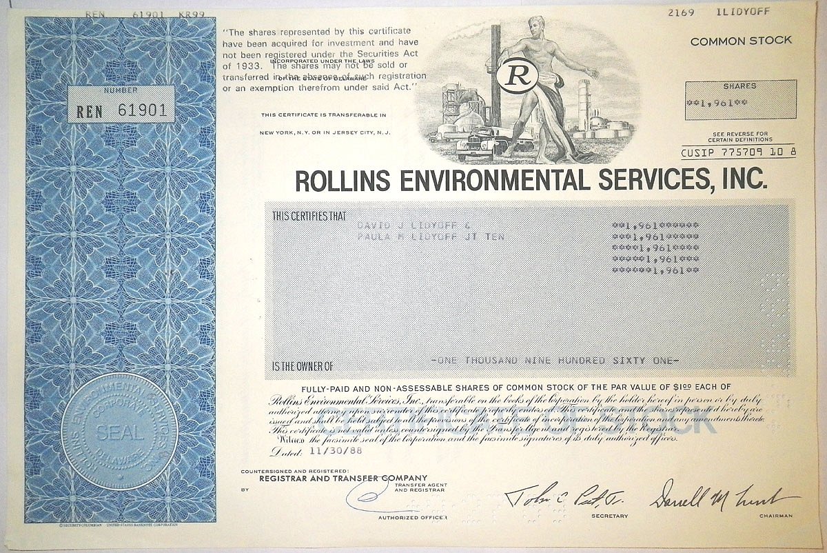 США 1961 акция 1988 Rollins Environmental Services Inc.  бумага 8805-26-1