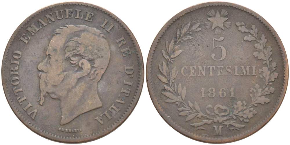 ИТАЛИЯ 5 ЧЕНТЕЗИМО 1861 М, МОНДВОР МИЛАН, ВИКТОР ЭММАНУИЛ II (1861-1878) KM 3.2 медь 4525-116