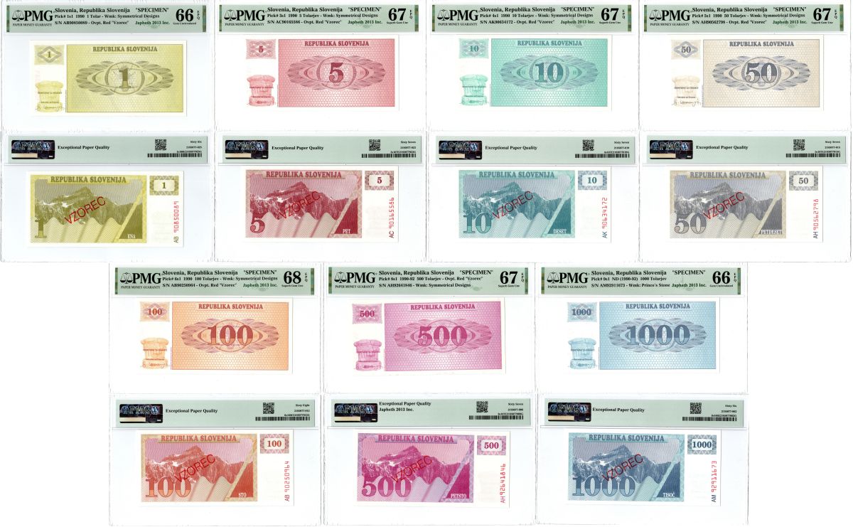 Словения набор из 7 банкнот (образец / SPECIMEN) (1, 5, 10, 50, 100, 500 и 1000 толаров) 1990-1992 в слабах PMG (66, 67 и 68) Pick 1s1, 3s1, 4s1, 5s1, 6s1, 8s1, 9s1 бумага UNC (пресс) 452-2-118
