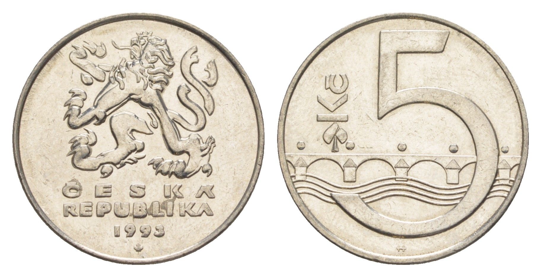 Чехия 5 крон 1993 чешский лев, Карлов мост KM 8 сталь плакированная никелем 4529-631