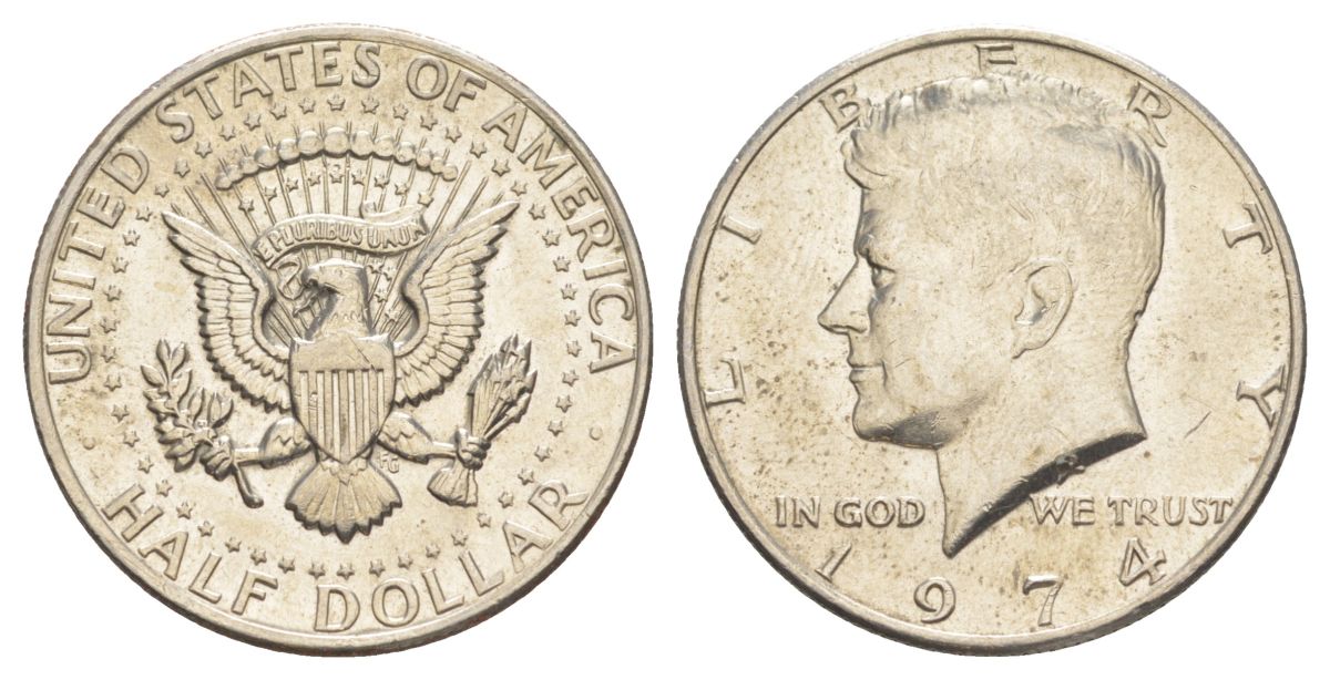 США 1/2 доллара (50 центов) 1974 Джон Кеннеди KM 202b медь плакированная медно-никелем aUNC 4536-516