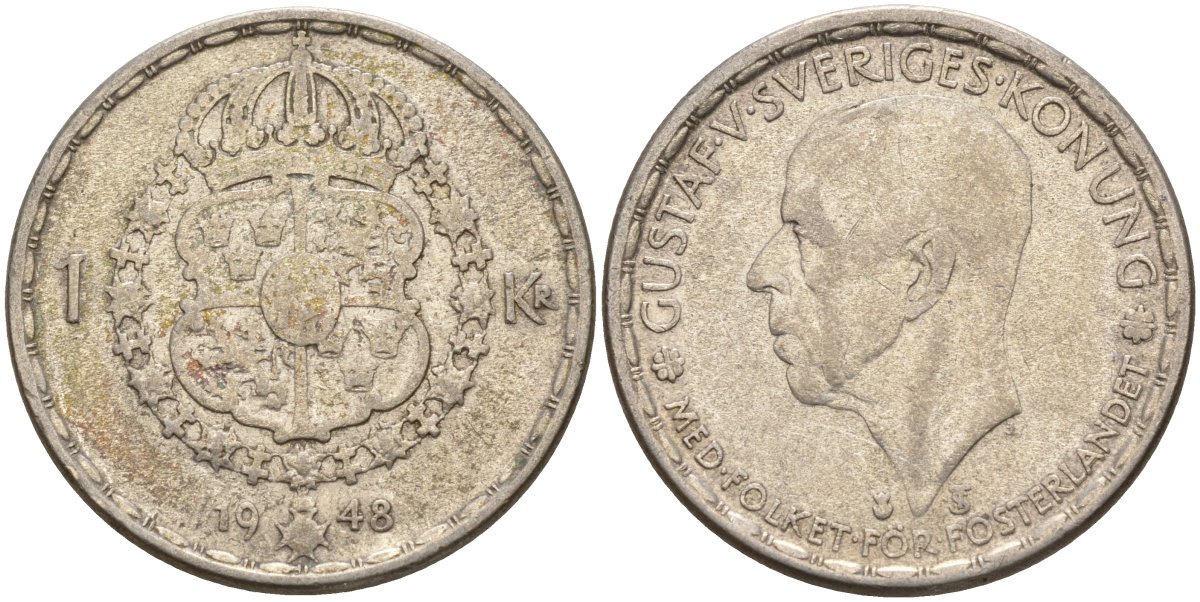 Швеция 1 крона 1948 TS, Густав V (1907-1950) KM 814 серебро 4148-1053