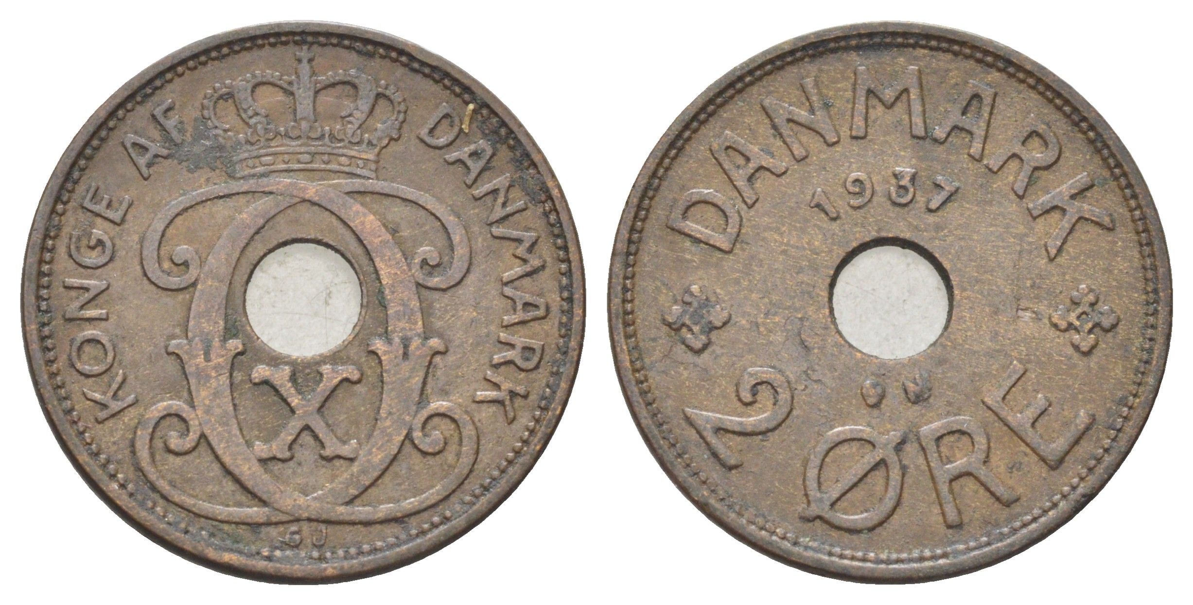 Дания 2 эре 1937 N, Кристиан X (1912-1947) KM 827 бронза 4701-855