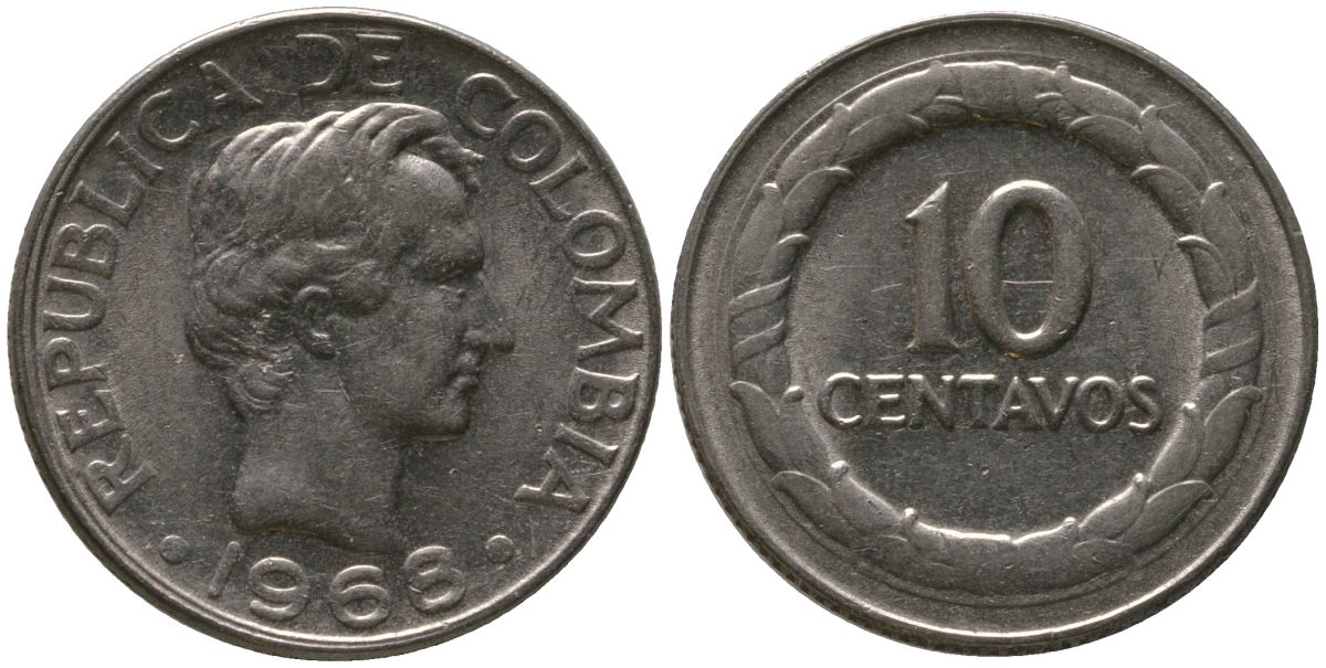 Колумбия 10 сентаво 1968 KM 226 сталь плакированная никелем 4576-1064