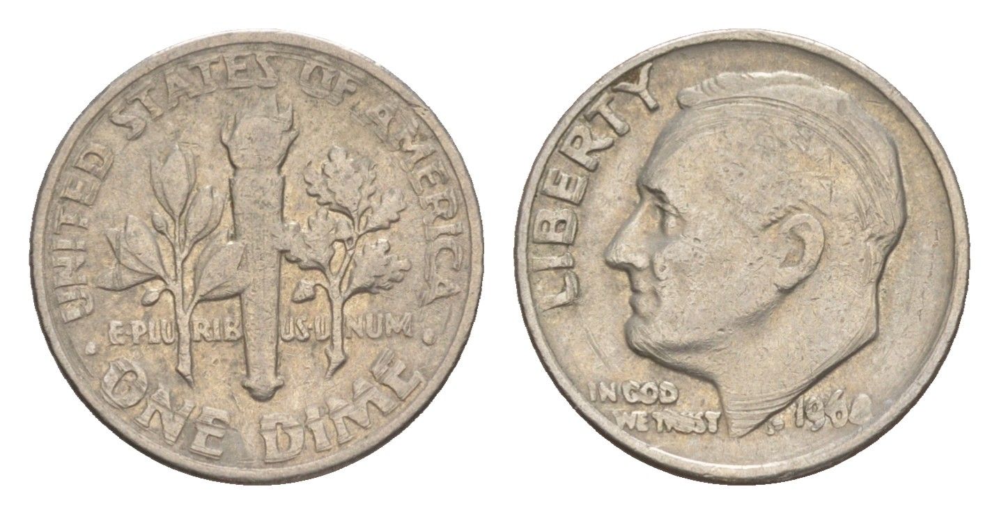 США 1 дайм (10 центов) 1968 президент Рузвельт KM 195a медь плакированная медно-никелем 4649-1261