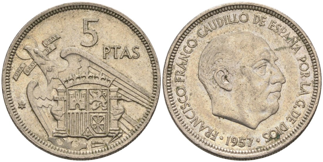 Испания 5 песет 1957 (72) Франсиско Франко (1939-1975) KM 786 медно-никель 4573-933