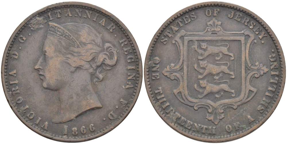 Джерси 1/13 шиллинга 1866 Виктория (1837-1901) KM 5 бронза 4517-1015