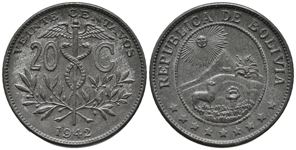 БОЛИВИЯ 20 СЕНТАВО 1942 KM 183 цинк UNC 34-717