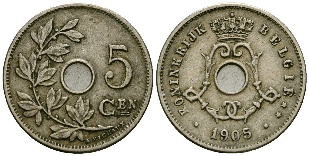 Бельгия 5 сантимов 1905 Belgie KM 55 медно-никель 4173-125