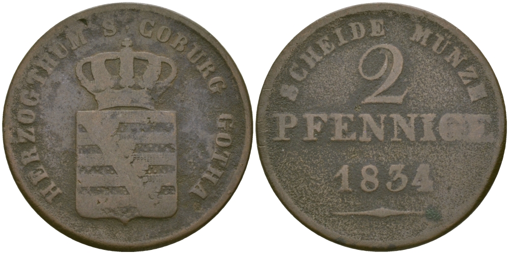 САКСЕН-КОБУРГ-ГОТА 2 ПФЕННИГА 1834 KM 85 медь 65-623