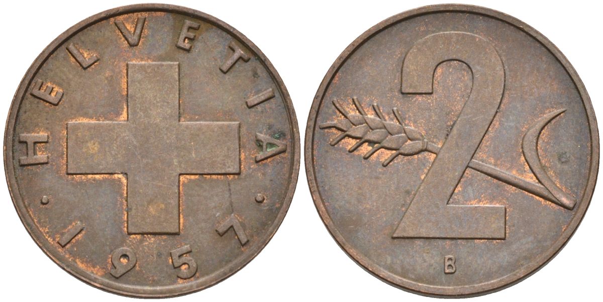 Швейцария 2 раппена 1957 В KM 47 бронза 4591-1147