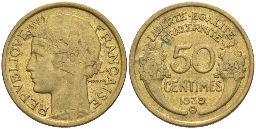 ФРАНЦИЯ 50 САНТИМОВ 1939 В, ТИП MORLON, МОНДВОР БРЮССЕЛЬ KM 894.2, LE FRANC 192.16 алюминиевая бронза 44-921