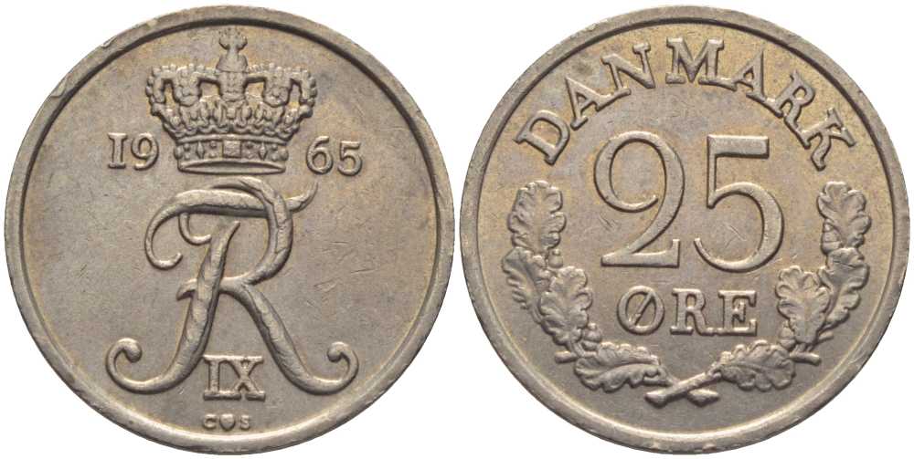 ДАНИЯ 25 ЭРЕ 1965 С;S, ФРЕДЕРИК IX (1947-1972) KM 850 медно-никель 202-731