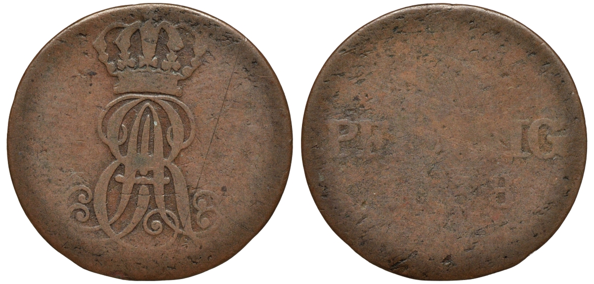 Ганновер 1 пфенниг 1838 A, Эрнст Август (1837-1851) KM 173.1, AKS 126, J. 54 медь 75-564