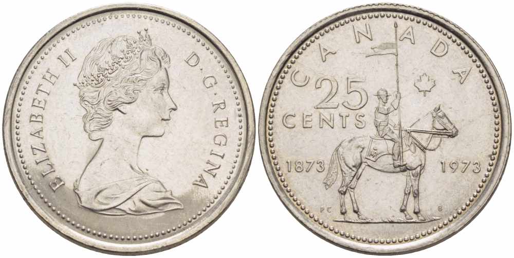 Канада 25 центов 1973 100 лет канадской горной полиции (1873-1973), Елизавета II (1952-2022) KM 81 никель 108-1145