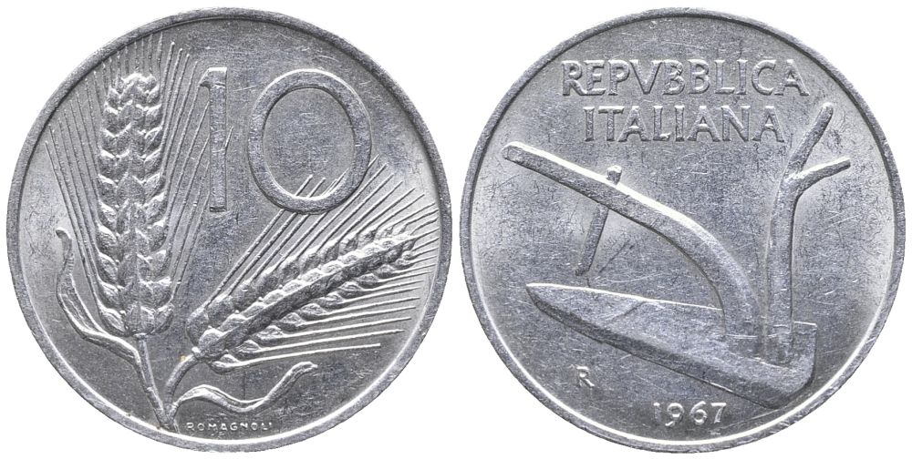 ИТАЛИЯ 10 ЛИР 1967 R, ПЛУГ KM 93 алюминий 34-1247