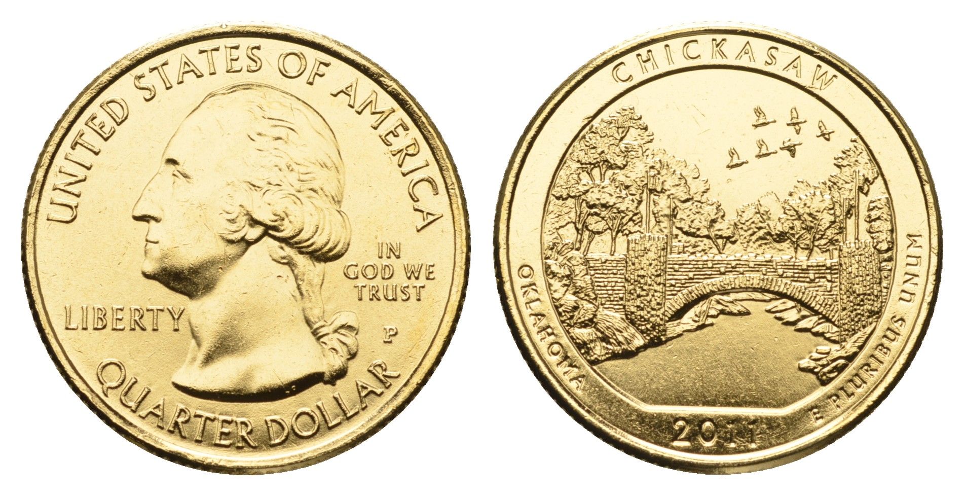 США 1/4 доллара (25 центов) 2011 Квотеры «Парки США» - Рекреационная зона Чикасо KM 498 медь плакированная золотом UNC 11-069-55