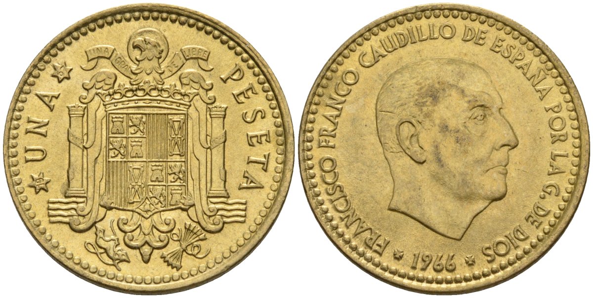 Испания 1 песета 1966 (67) Франсиско Франко (1939-1975) KM 796 алюминиевая бронза 4604-145