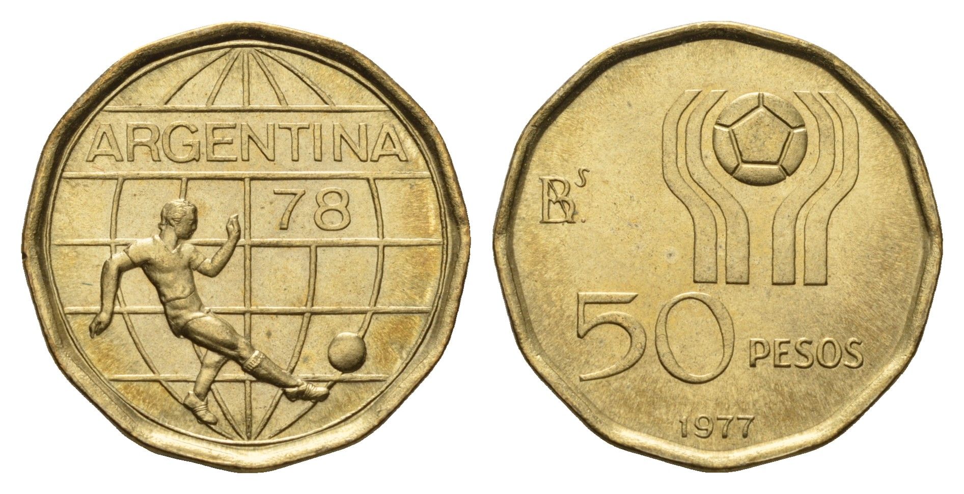 Аргентина 50 песо 1977 Чемпионат мира по футболу, Аргентина 1978 KM 76 алюминиевая бронза UNC 4391-523