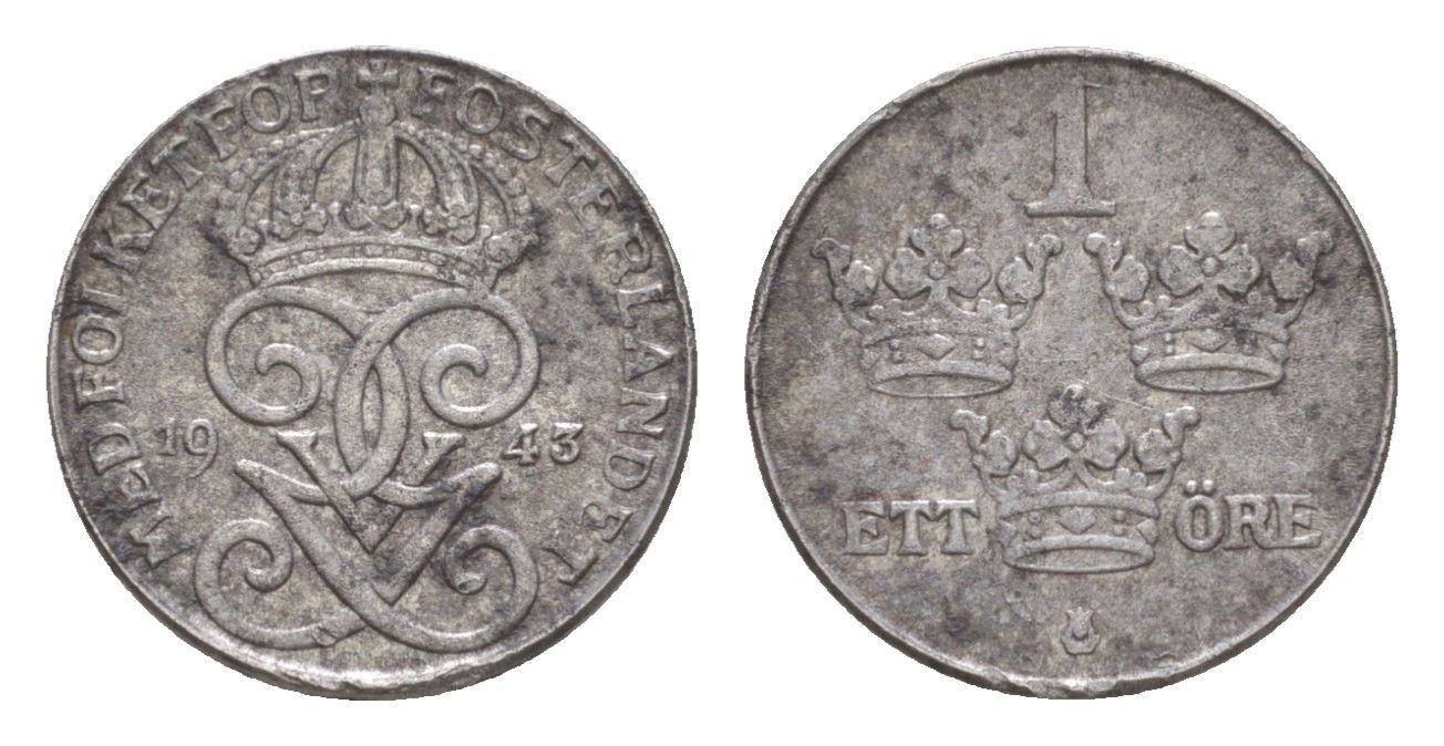 Швеция 1 эре 1943 Густав V (1907-1950) KM 810 железо 4643-165