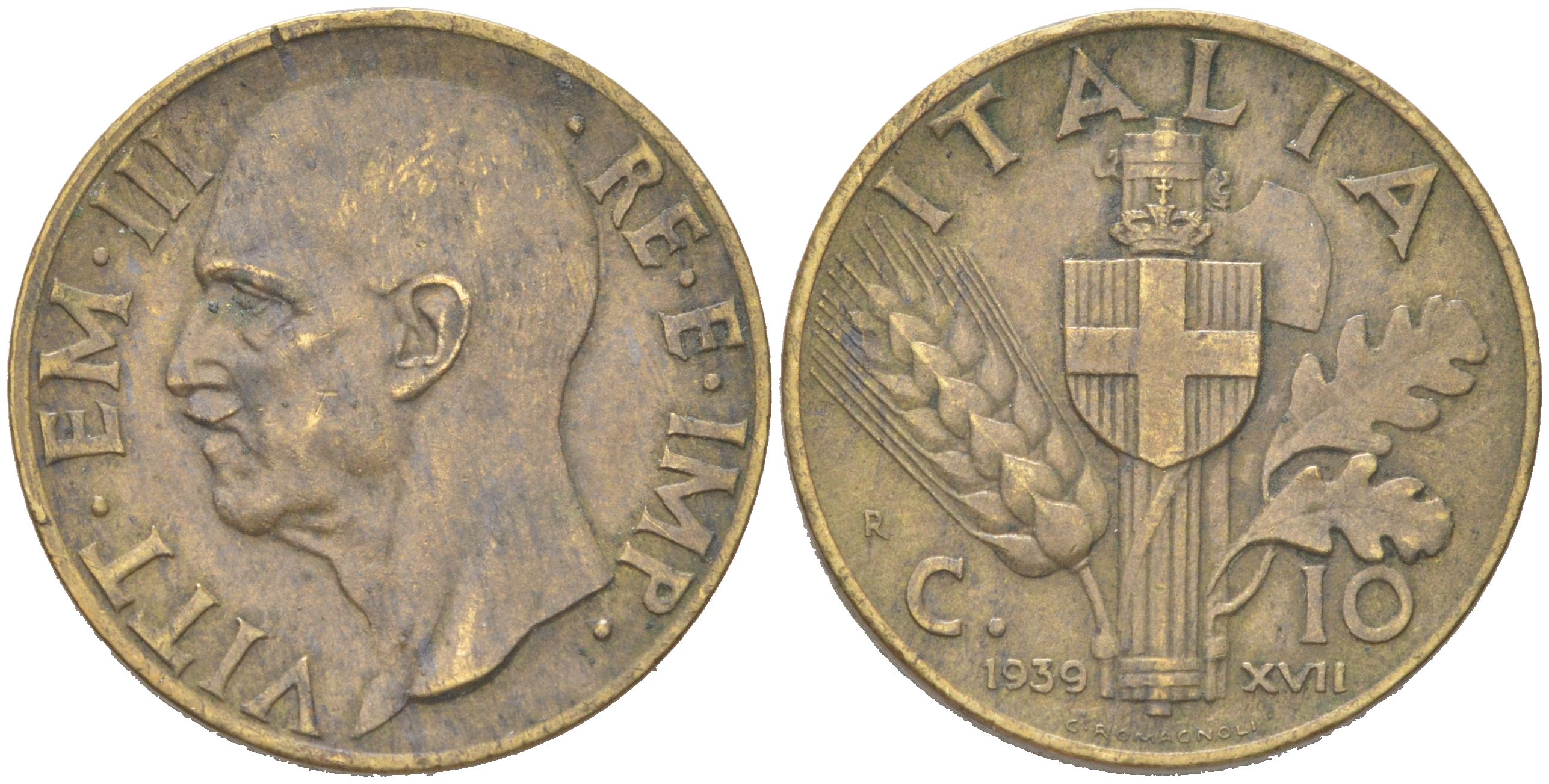 Италия 10 чентезимо 1939 KM 74a алюминиевая бронза 4621-922