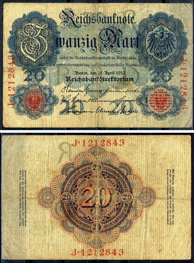 Германия 20 марок 1910 7 значный номер, серия J Pick 48 b бумага 8617-33-2-1