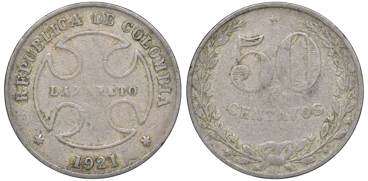 Колумбия 50 сентаво 1921 государственный лепрозорий KM L13 медно-никель 53-936
