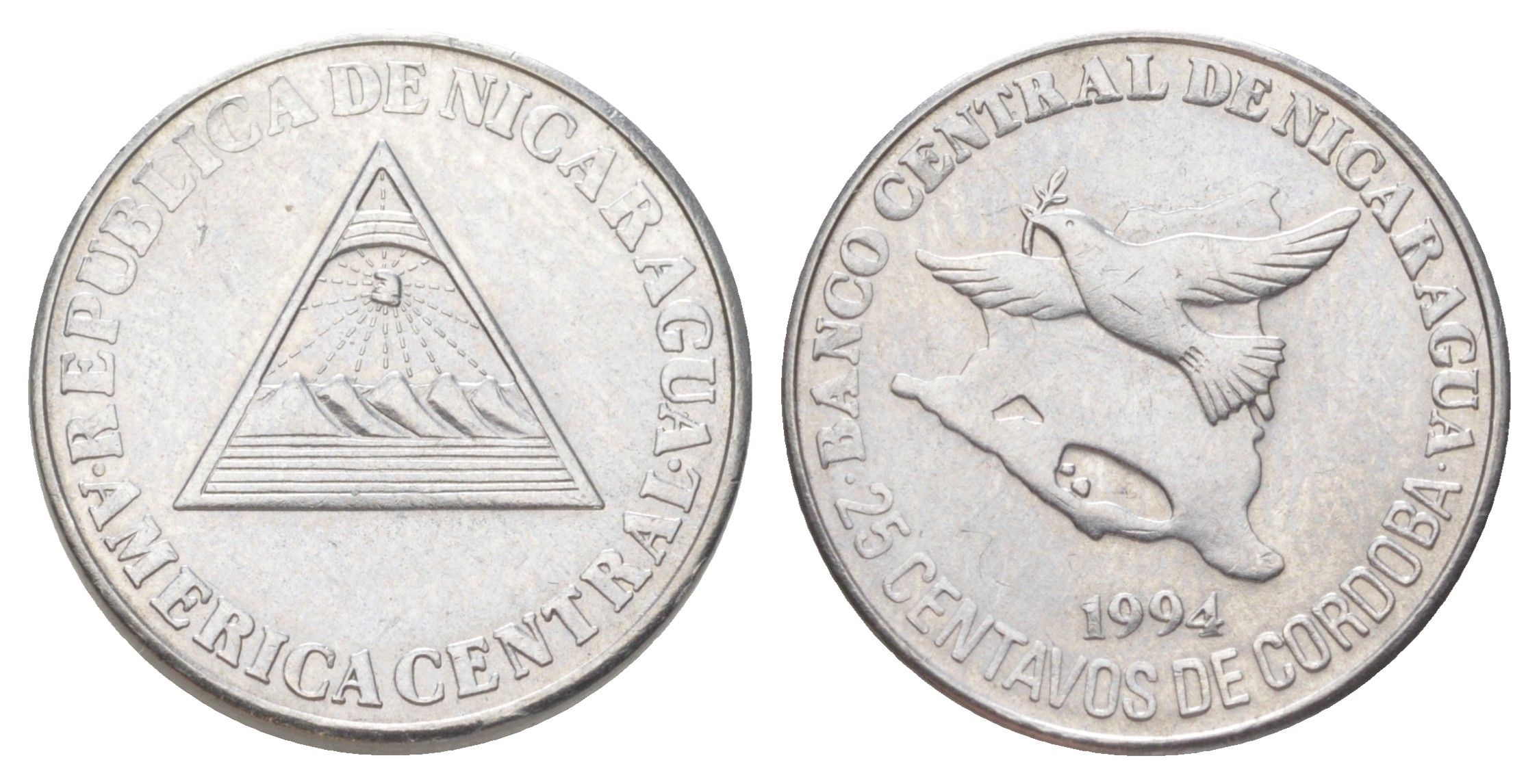 Никарагуа 25 сентаво 1994 голубь мира KM 82 хромированная сталь UNC 4625-222