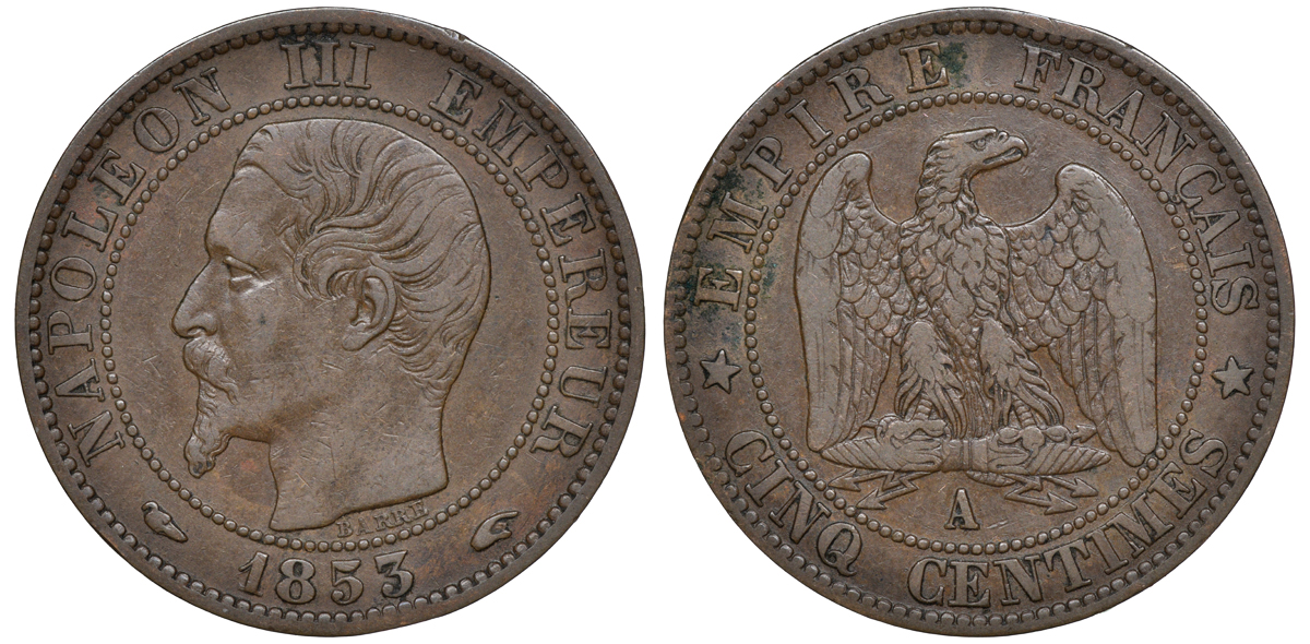 Франция 5 сантимов 1853 A, Наполеон III (1852-1870) KM 777.1, Le Franc 166 бронза 4167-213