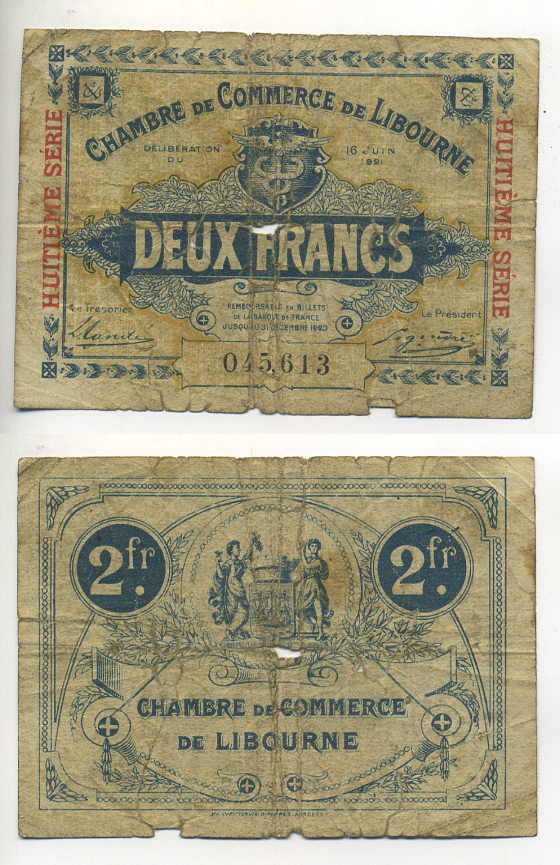 ФРАНЦИЯ 2 ФРАНКА 1921 КОМЕРЧЕСКАЯ ПАЛАТА ОКРУГА ЛИБУРН, НОТГЕЛЬД, ДЕЙСТВИТЕЛЕН ДО 31 ДЕКАБРЯ 1923 бумага 7552-31-2-1