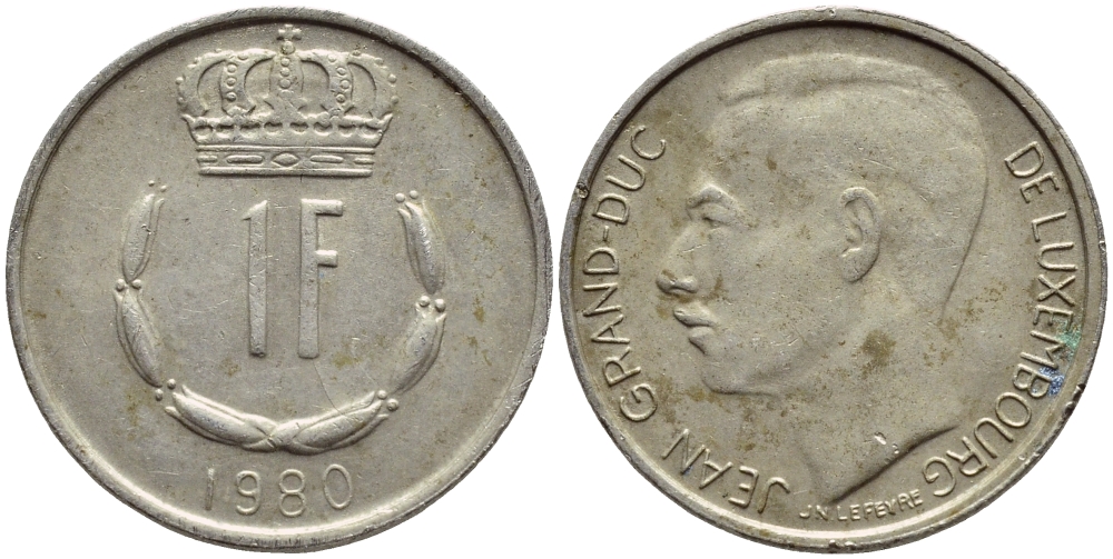 ЛЮКСЕМБУРГ 1 ФРАНК 1980 ВЕЛИКИЙ ГЕРЦОГ ЖАН KM 55 медно-никель 4397-447