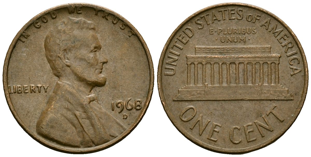 США 1 цент 1968 D, Линкольн KM 201 медь цинк 4136-127